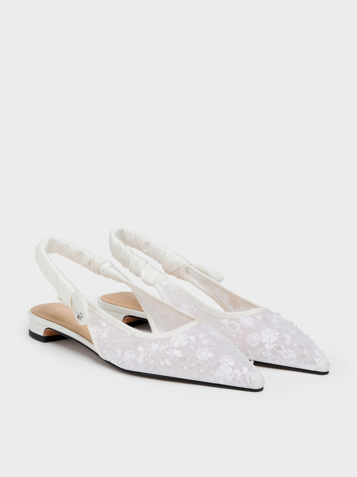 Tayari Embroidered-Mesh Slingback Flats - White | CHARLES & KEITH
