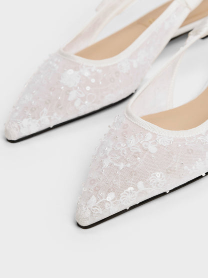 Tayari Embroidered-Mesh Slingback Flats - White | CHARLES & KEITH