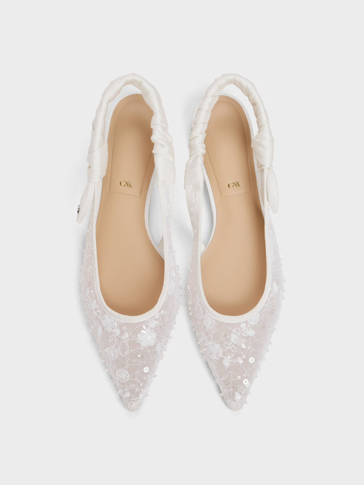 Tayari Embroidered-Mesh Slingback Flats - White | CHARLES & KEITH
