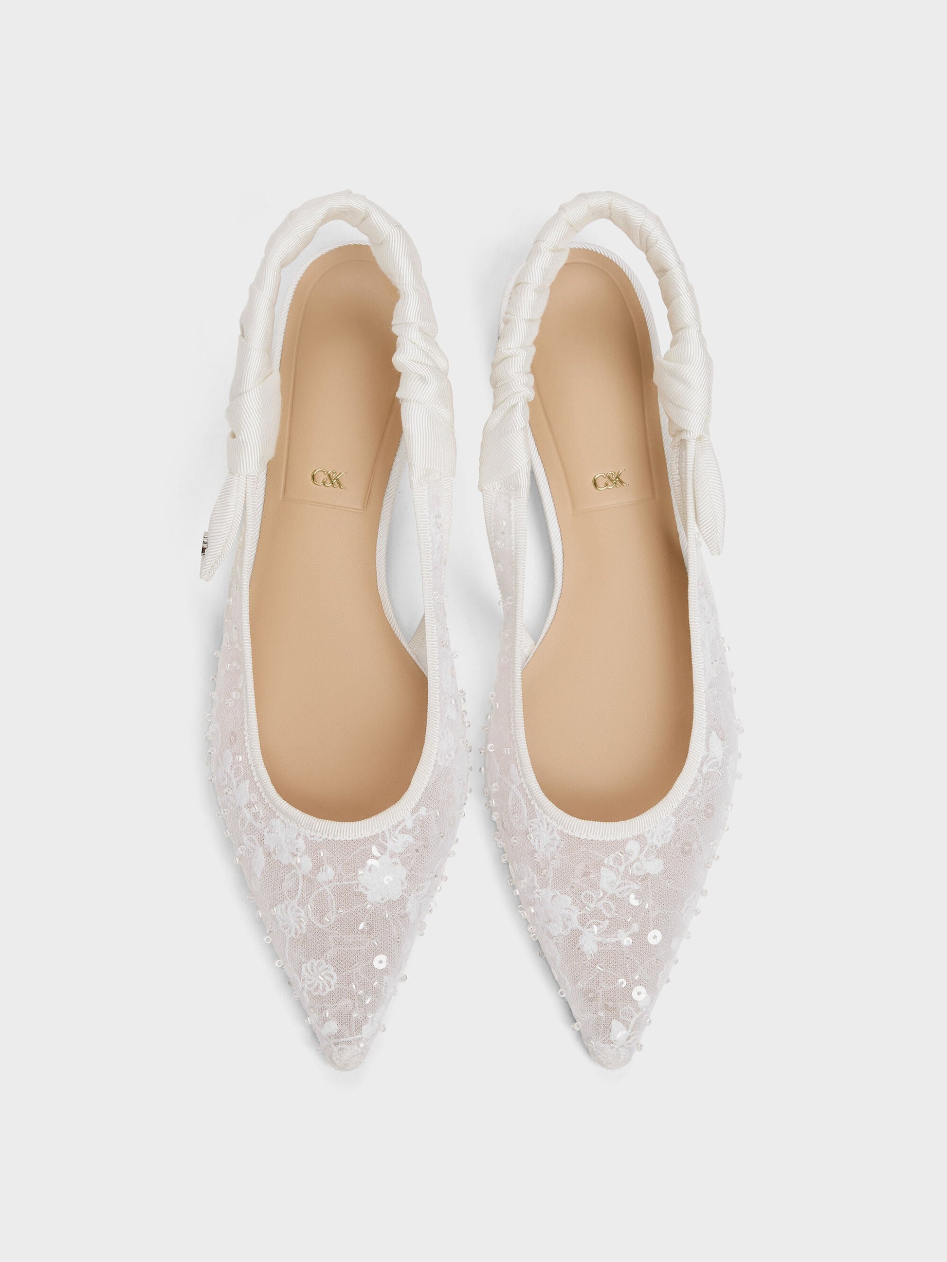 Tayari Embroidered-Mesh Slingback Flats - White | CHARLES & KEITH