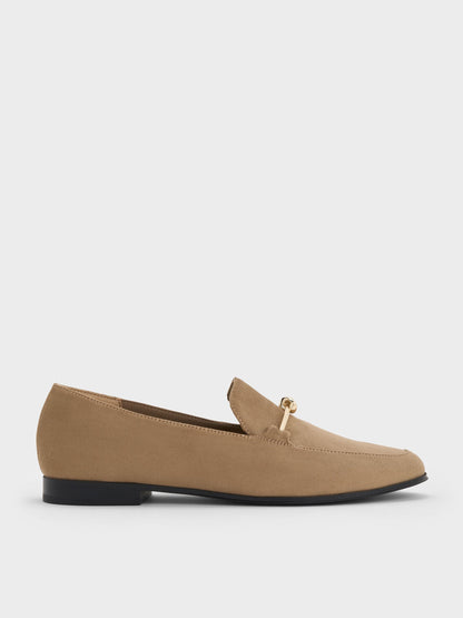 Faux Suede Metallic Knot-Bar Loafers - Camel | CHARLES & KEITH