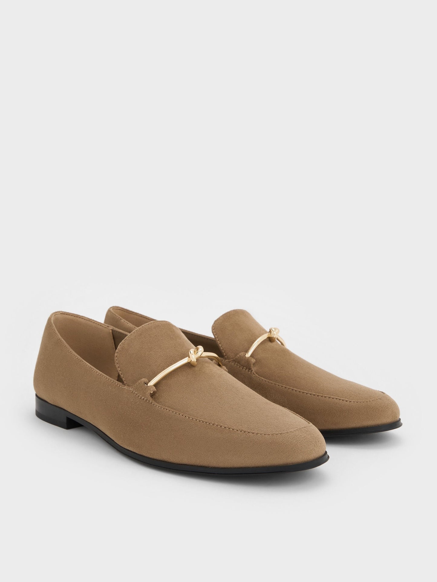 Faux Suede Metallic Knot-Bar Loafers - Camel | CHARLES & KEITH