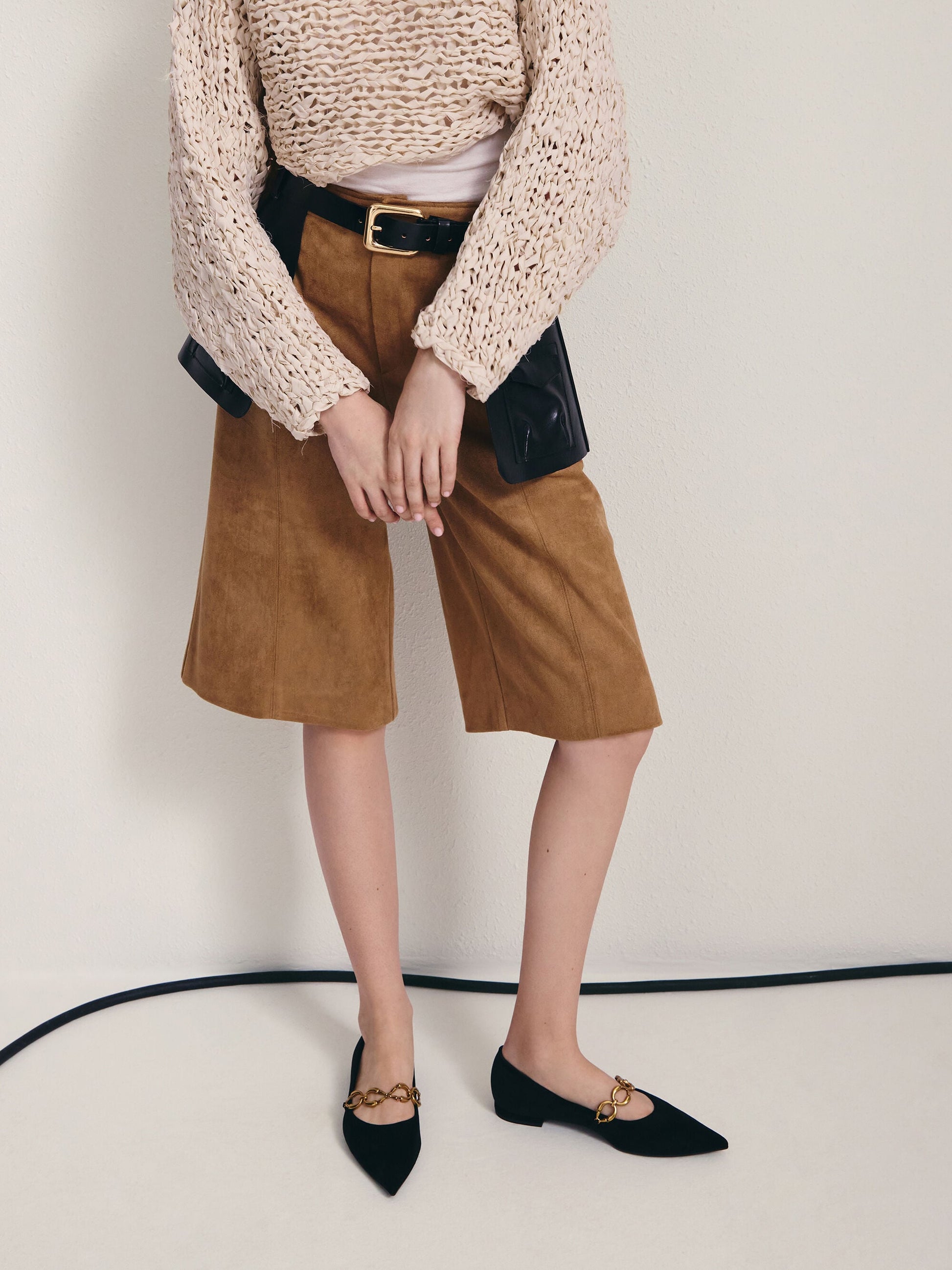 Faux Suede Metallic-Accent Ballet Flats - Black Textured | CHARLES & KEITH