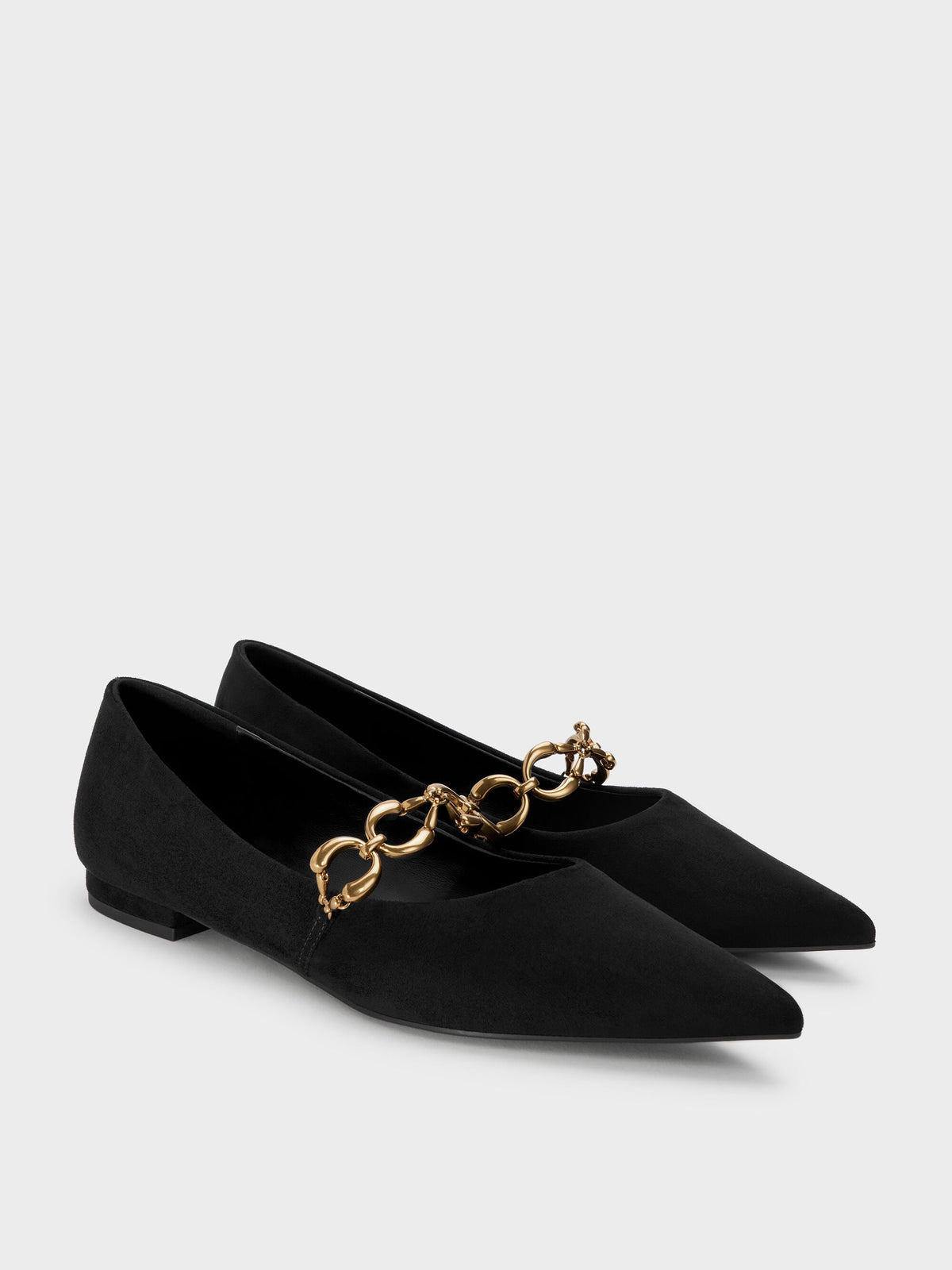 Faux Suede Metallic-Accent Ballet Flats - Black Textured | CHARLES & KEITH