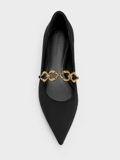 Faux Suede Metallic-Accent Ballet Flats - Black Textured | CHARLES & KEITH