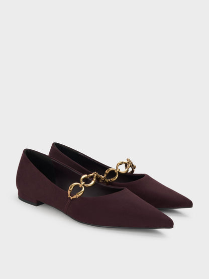 Faux Suede Metallic-Accent Ballet Flats - Burgundy | CHARLES & KEITH