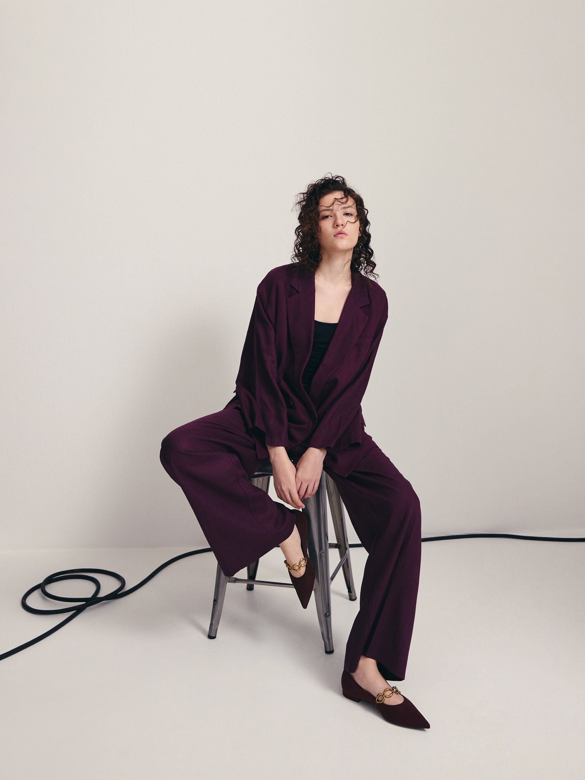 Faux Suede Metallic-Accent Ballet Flats - Burgundy | CHARLES & KEITH