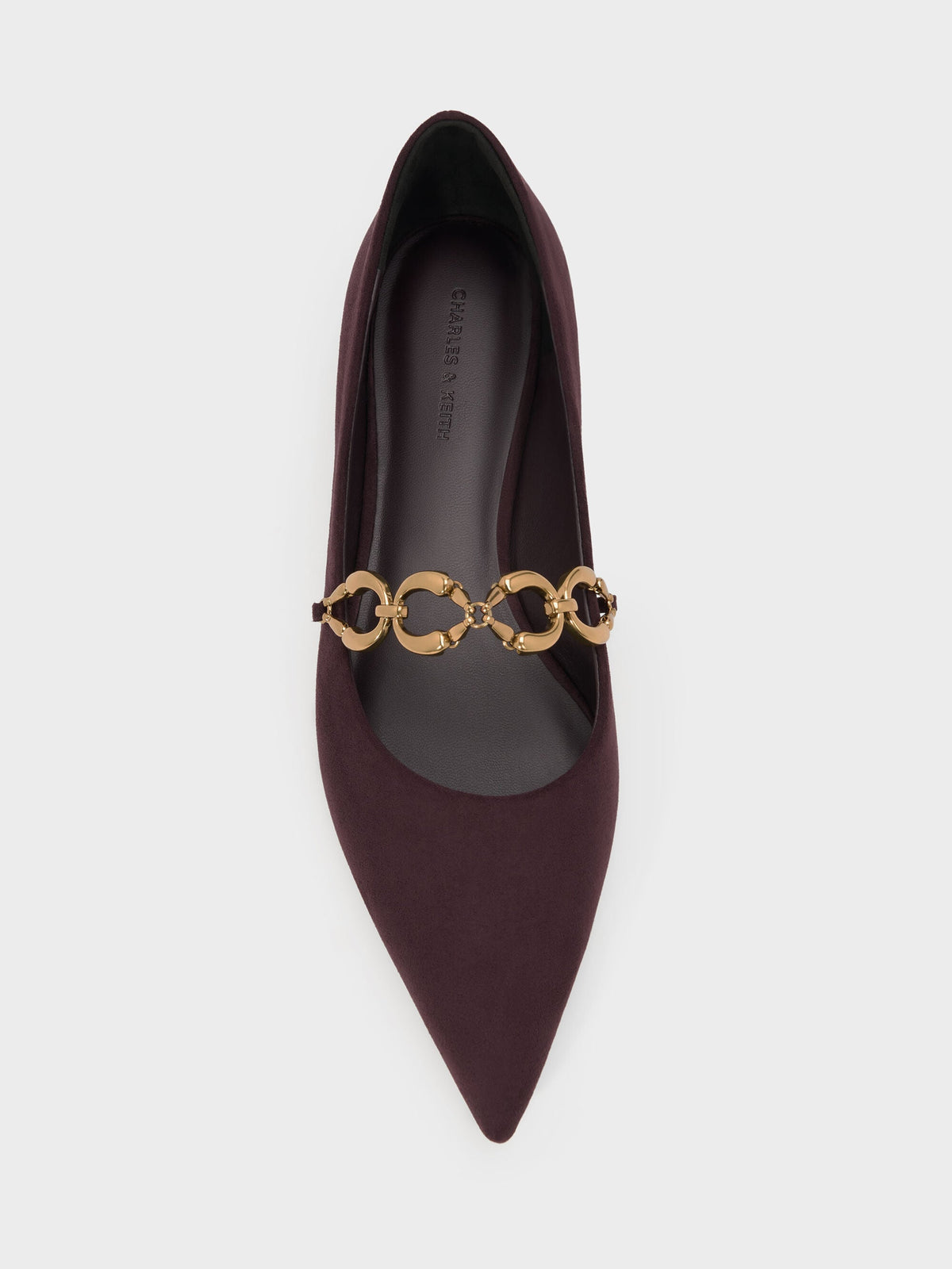 Faux Suede Metallic-Accent Ballet Flats - Burgundy | CHARLES & KEITH