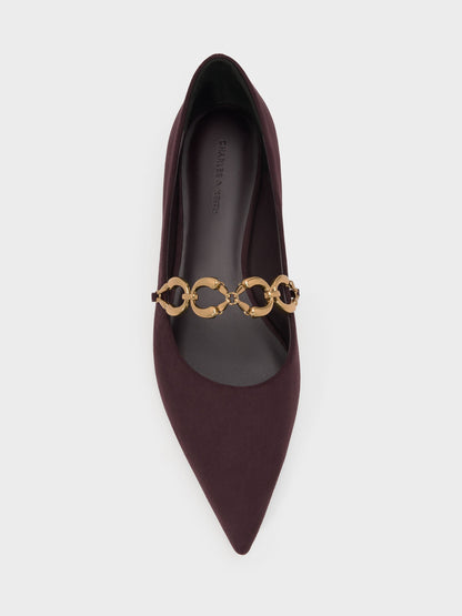 Faux Suede Metallic-Accent Ballet Flats - Burgundy | CHARLES & KEITH