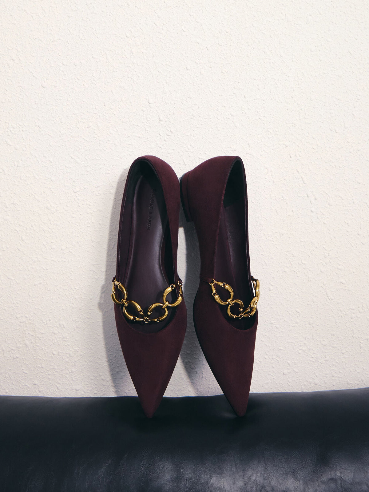 Faux Suede Metallic-Accent Ballet Flats - Burgundy | CHARLES & KEITH