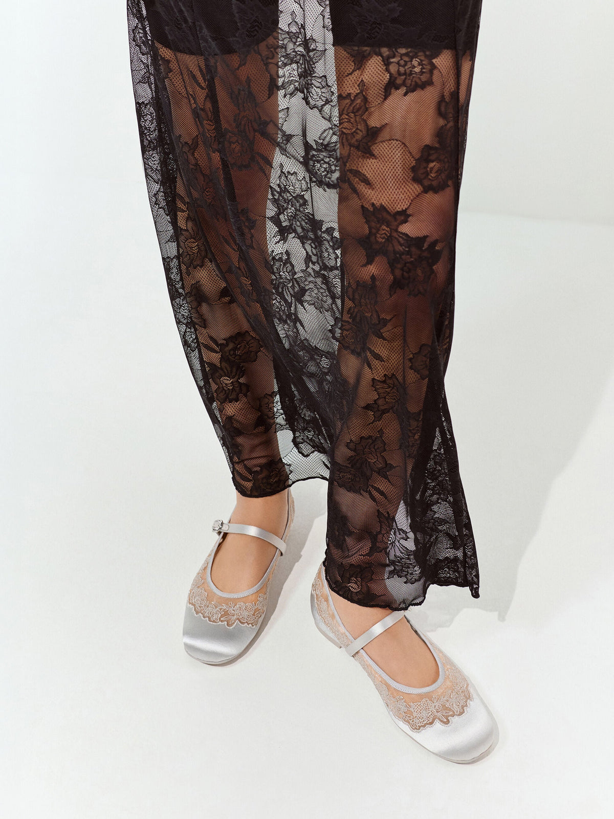 Satin Embroidered-Mesh Mary Jane Flats - Silver | CHARLES & KEITH