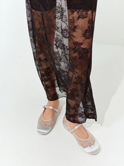 Satin Embroidered-Mesh Mary Jane Flats - Silver | CHARLES & KEITH
