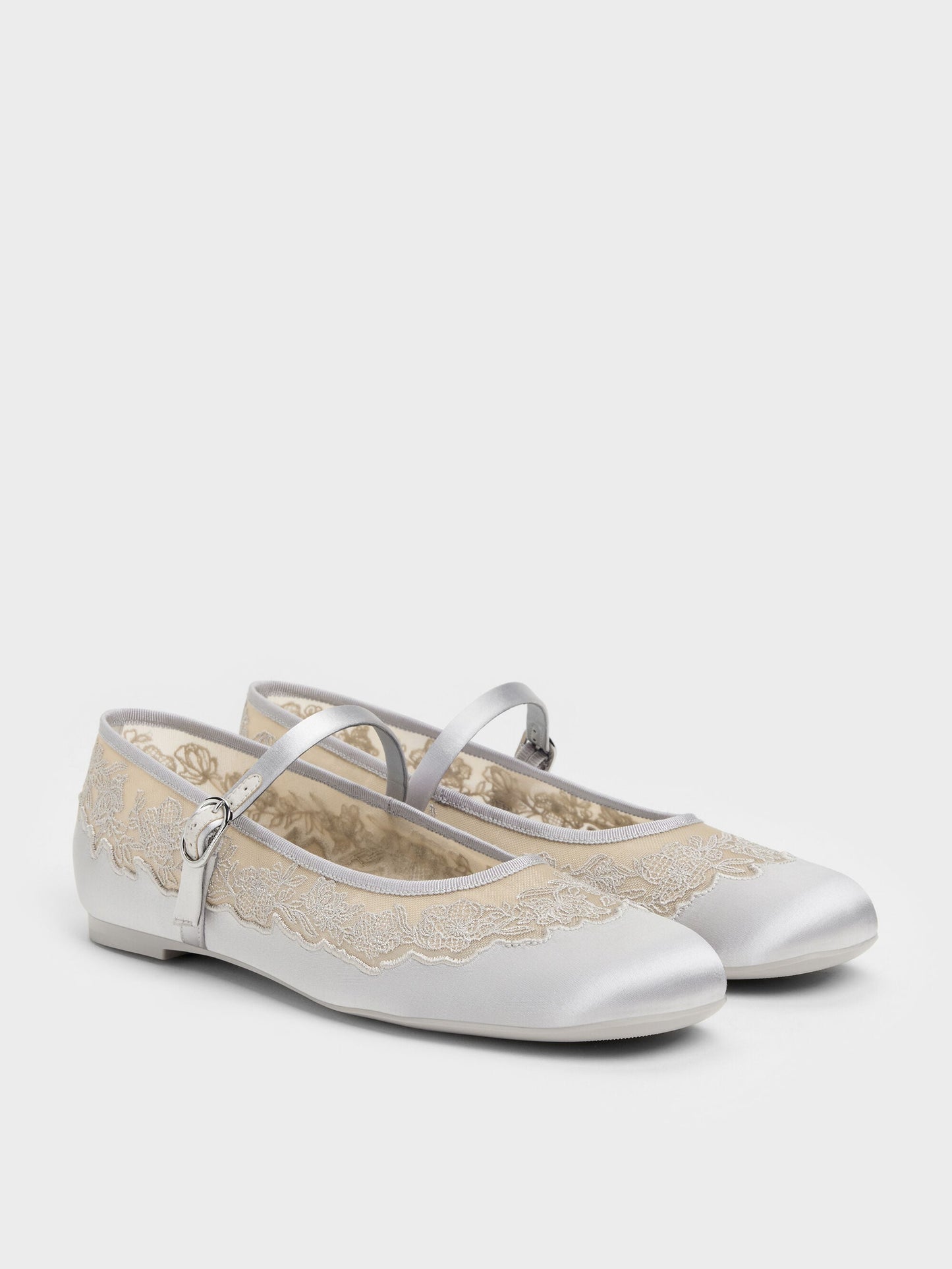 Satin Embroidered-Mesh Mary Jane Flats - Silver | CHARLES & KEITH
