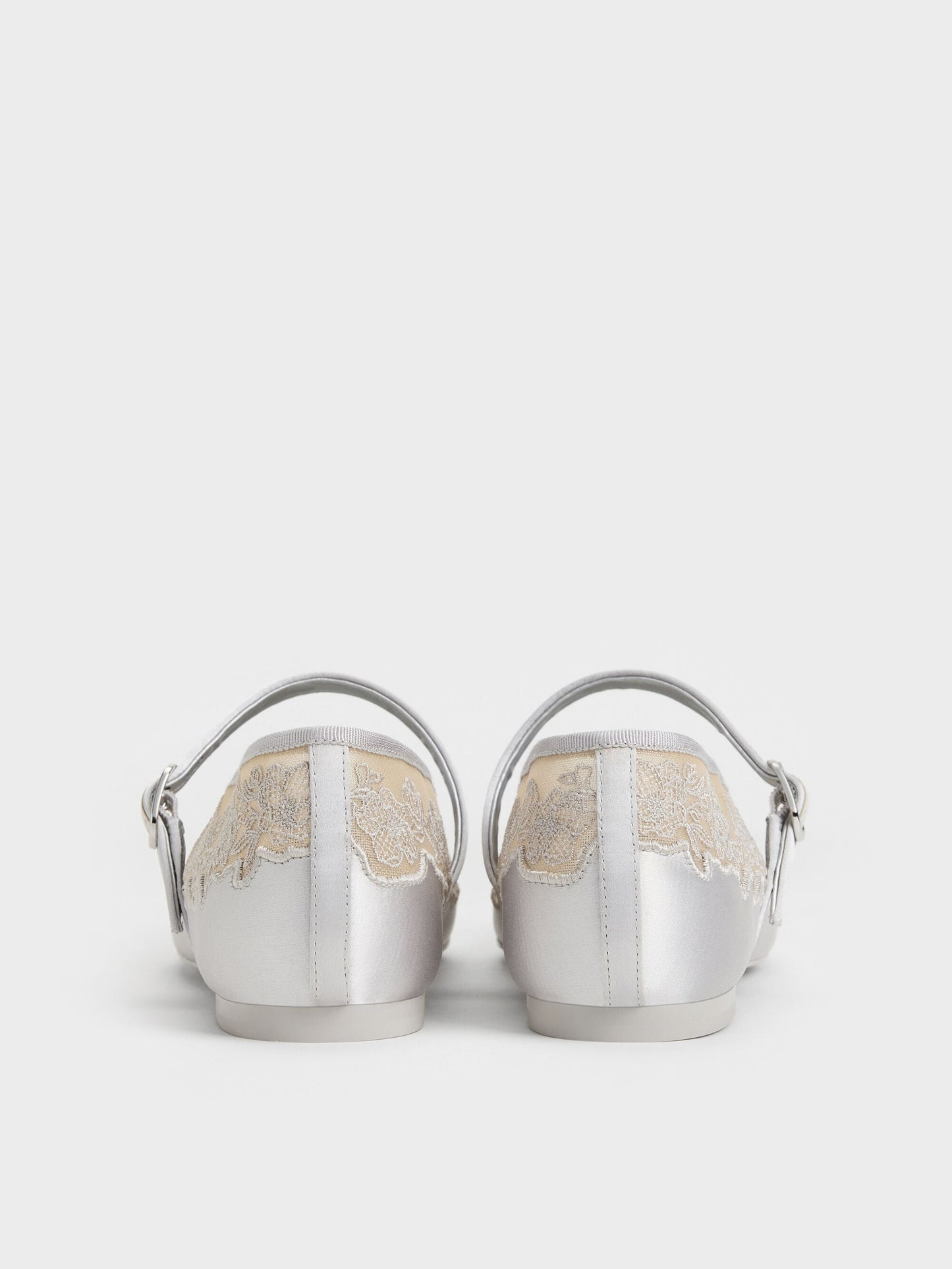 Satin Embroidered-Mesh Mary Jane Flats - Silver | CHARLES & KEITH