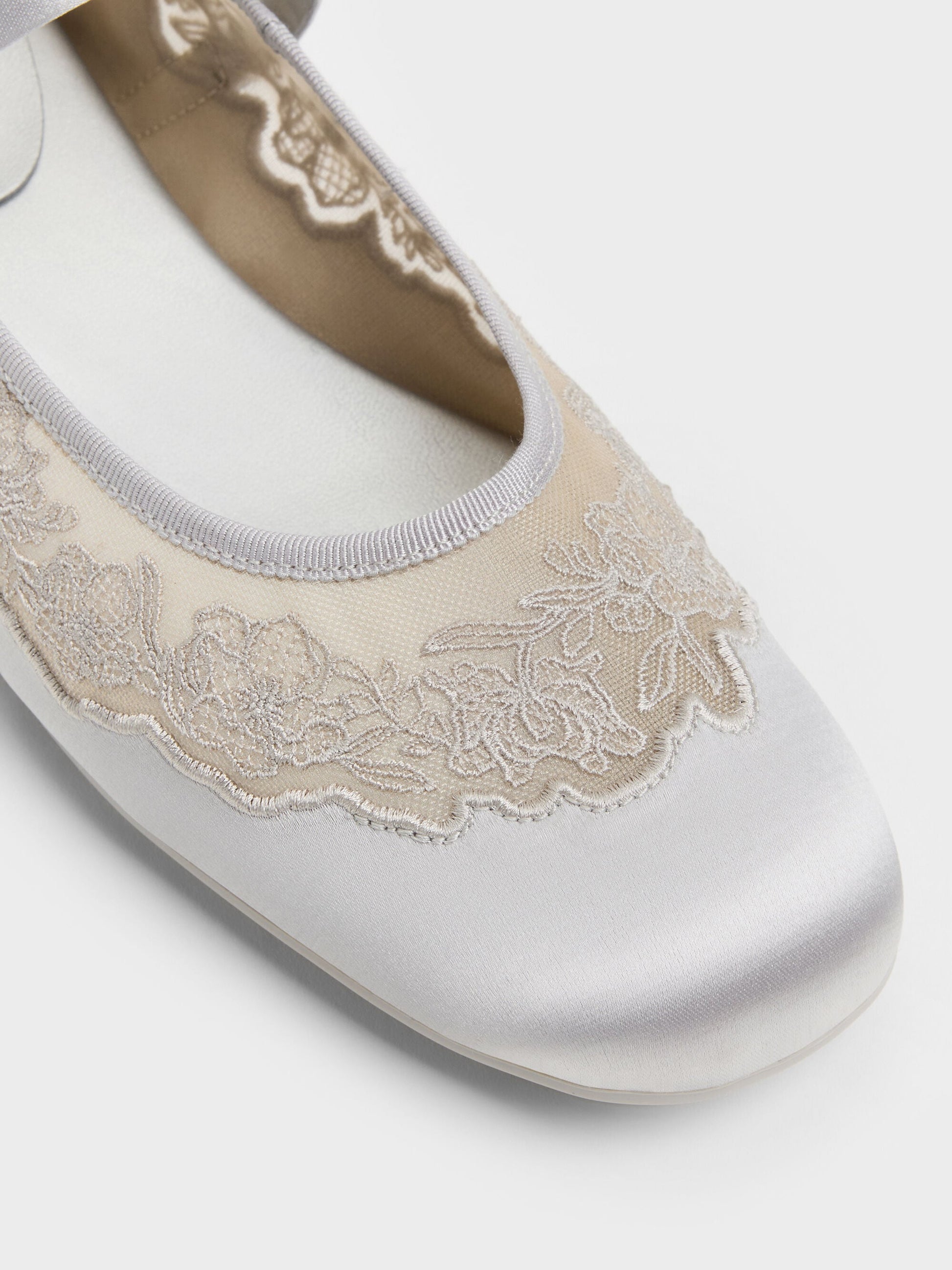 Satin Embroidered-Mesh Mary Jane Flats - Silver | CHARLES & KEITH