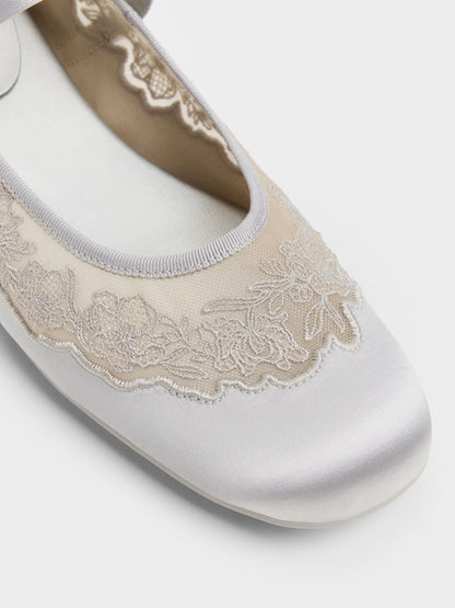 Satin Embroidered-Mesh Mary Jane Flats - Silver | CHARLES & KEITH