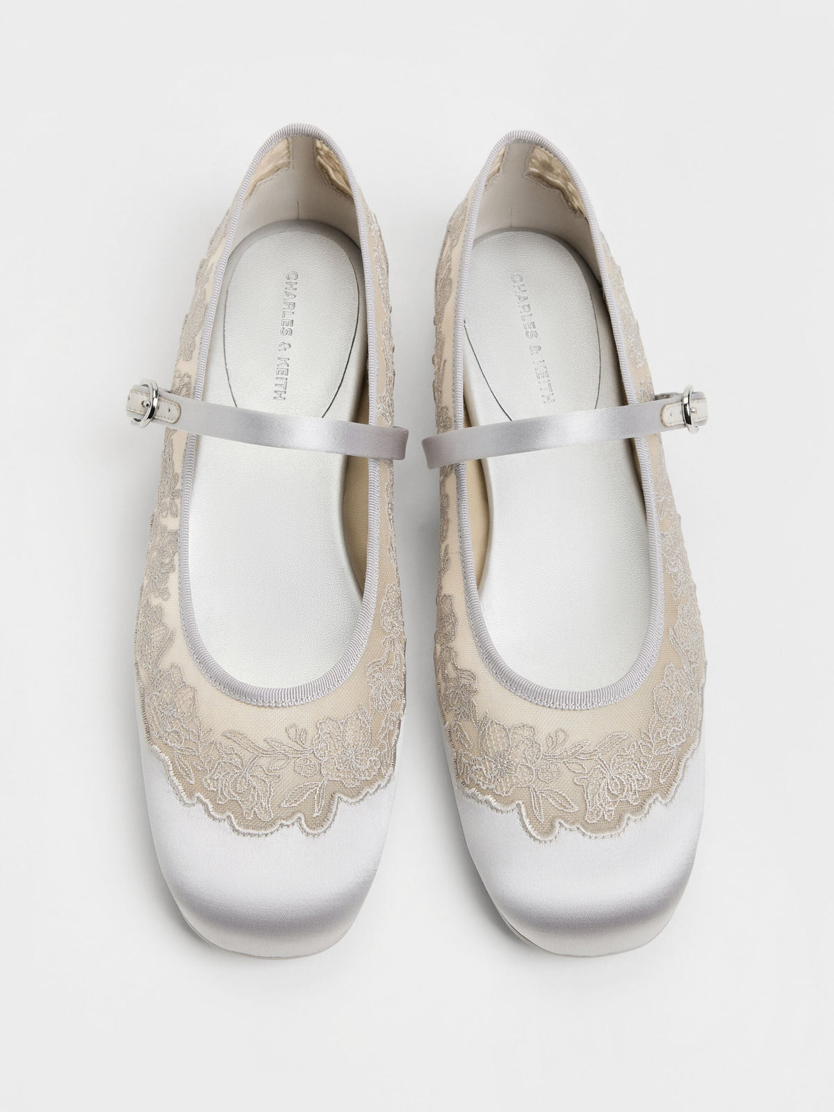 Satin Embroidered-Mesh Mary Jane Flats - Silver | CHARLES & KEITH