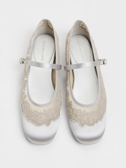 Satin Embroidered-Mesh Mary Jane Flats - Silver | CHARLES & KEITH