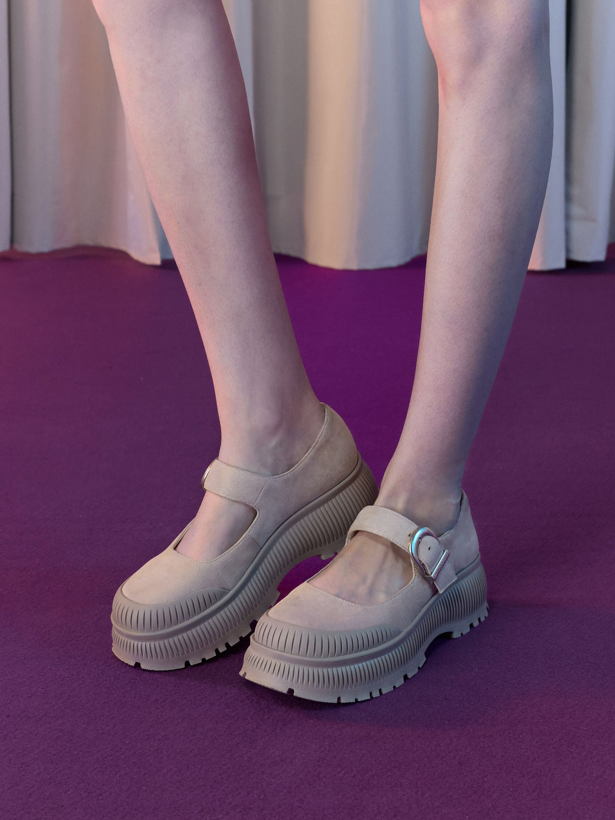 Darra Faux Suede Platform Mary Janes - Beige | CHARLES & KEITH
