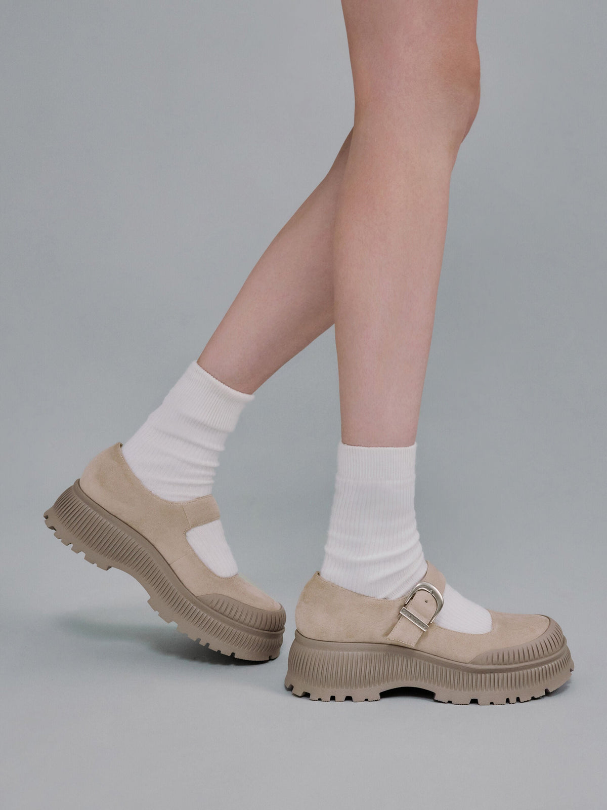 Darra Faux Suede Platform Mary Janes - Beige | CHARLES & KEITH