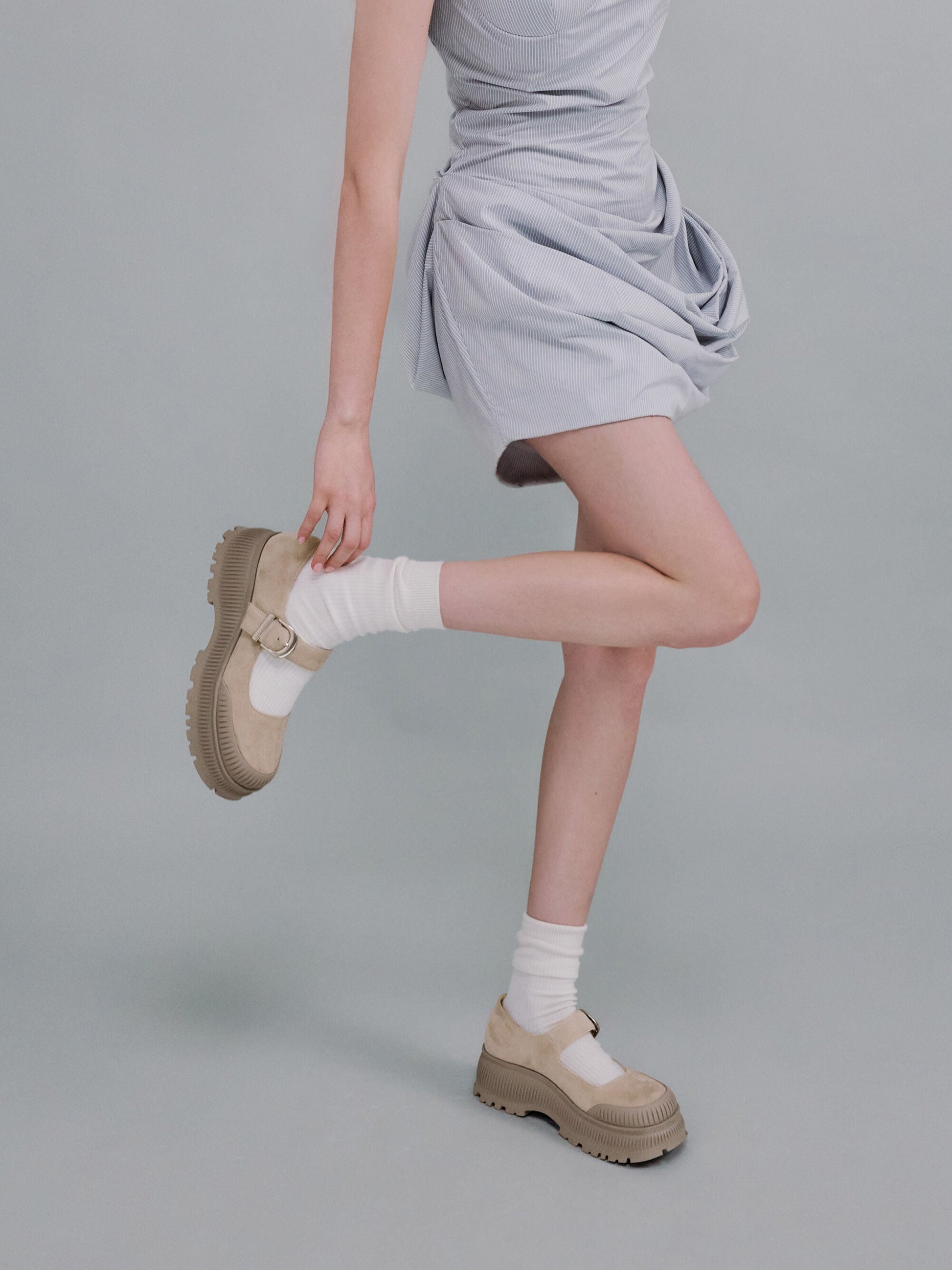 Darra Faux Suede Platform Mary Janes - Beige | CHARLES & KEITH