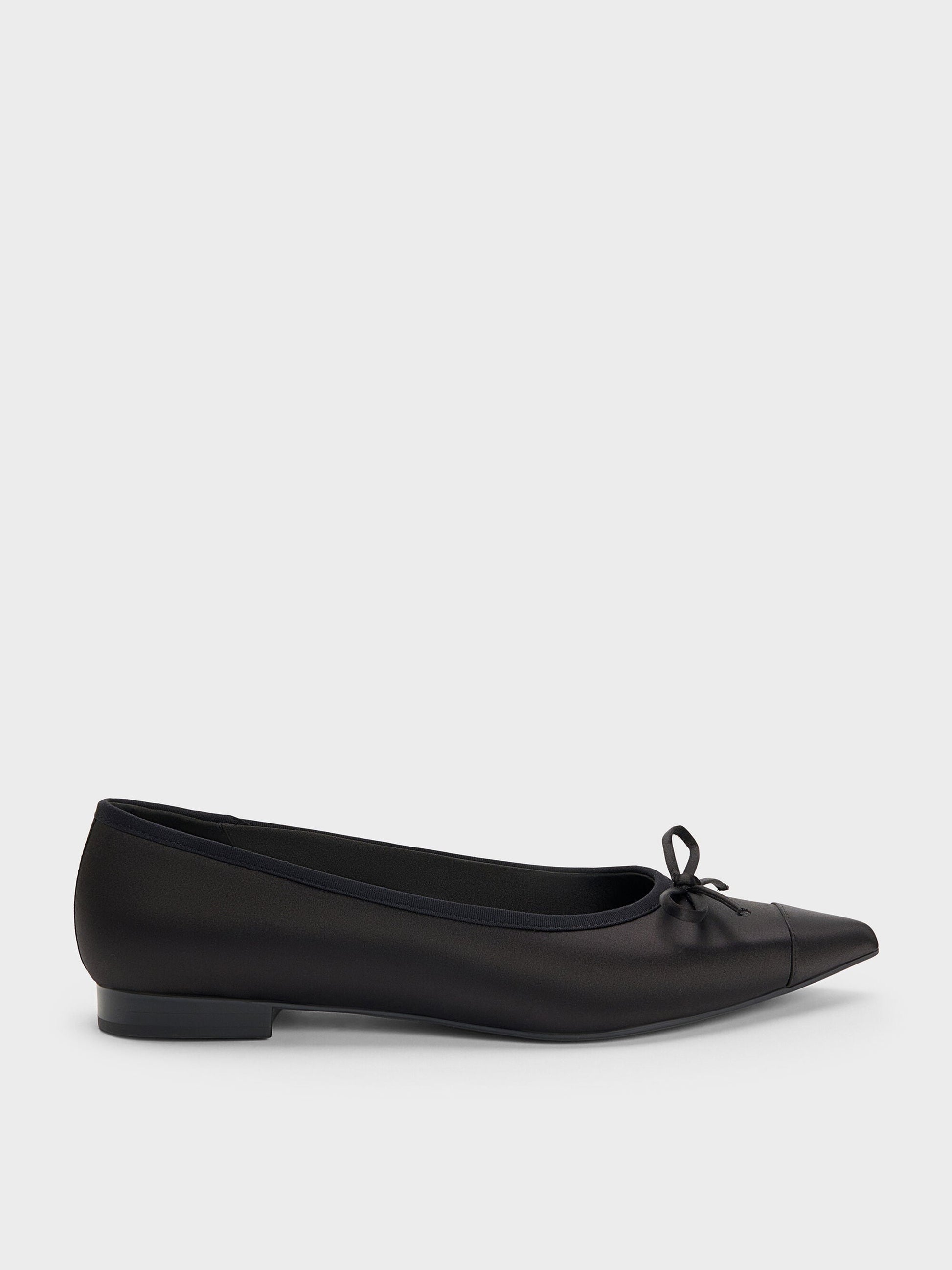 Briella Satin Cap-Toe Flats - Black Textured | CHARLES & KEITH