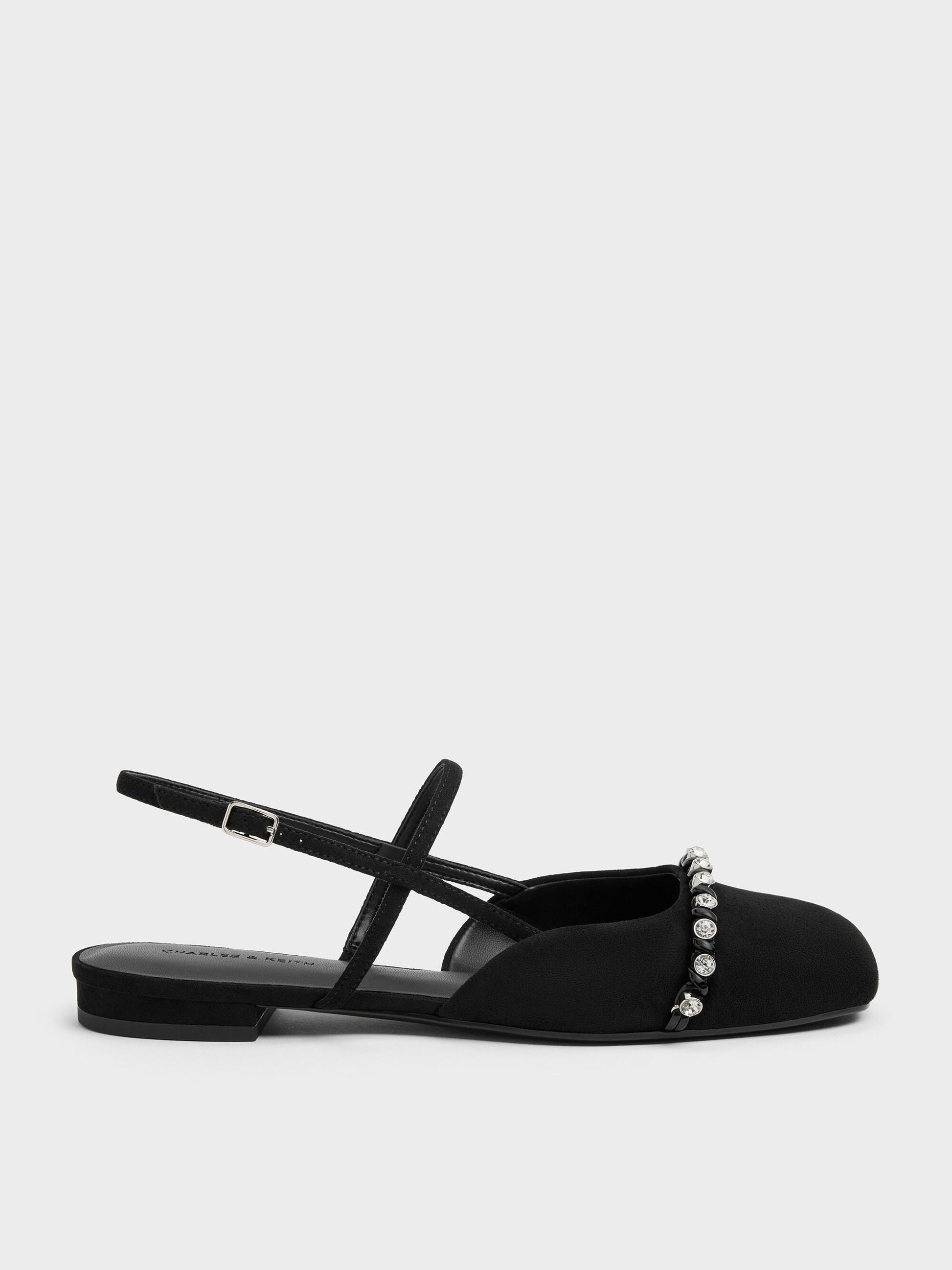 Faux Suede Crystal Slingback Flats - Black Textured | CHARLES & KEITH