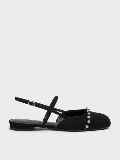 Faux Suede Crystal Slingback Flats - Black Textured | CHARLES & KEITH