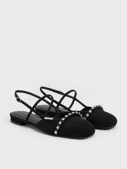 Faux Suede Crystal Slingback Flats - Black Textured | CHARLES & KEITH