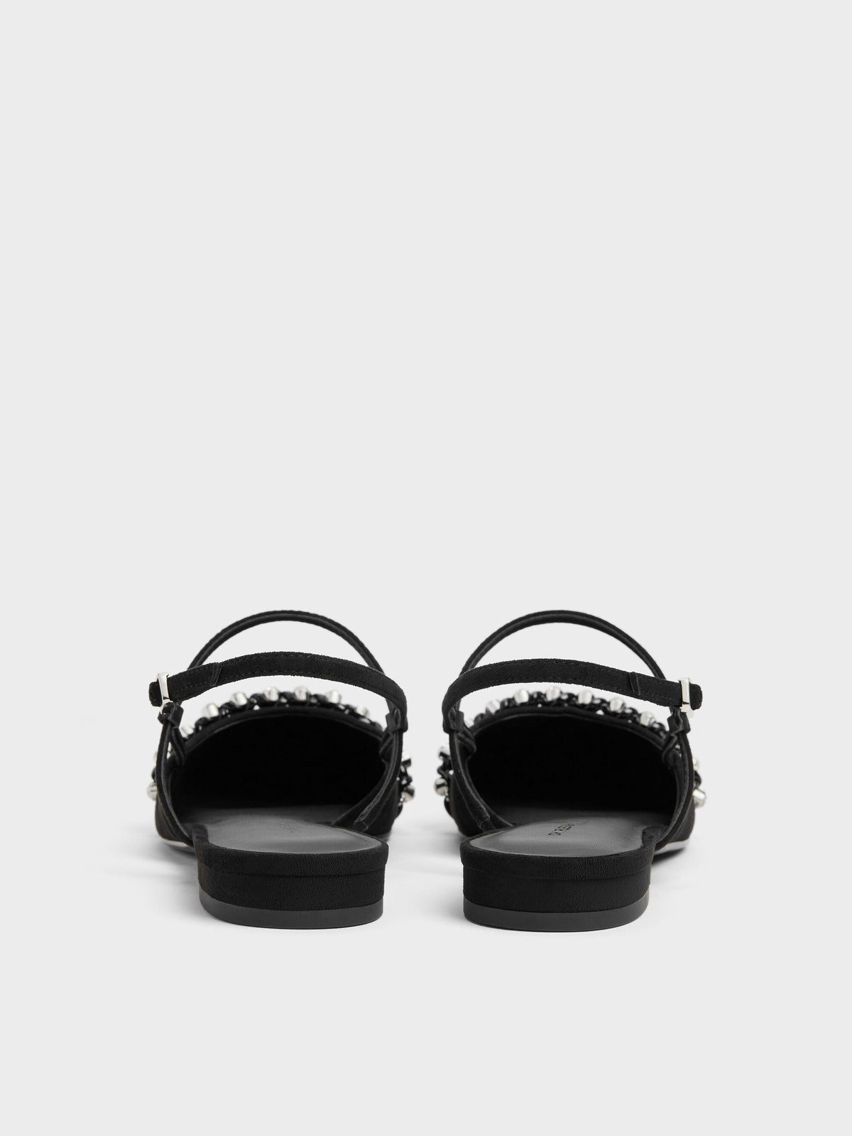Faux Suede Crystal Slingback Flats - Black Textured | CHARLES & KEITH