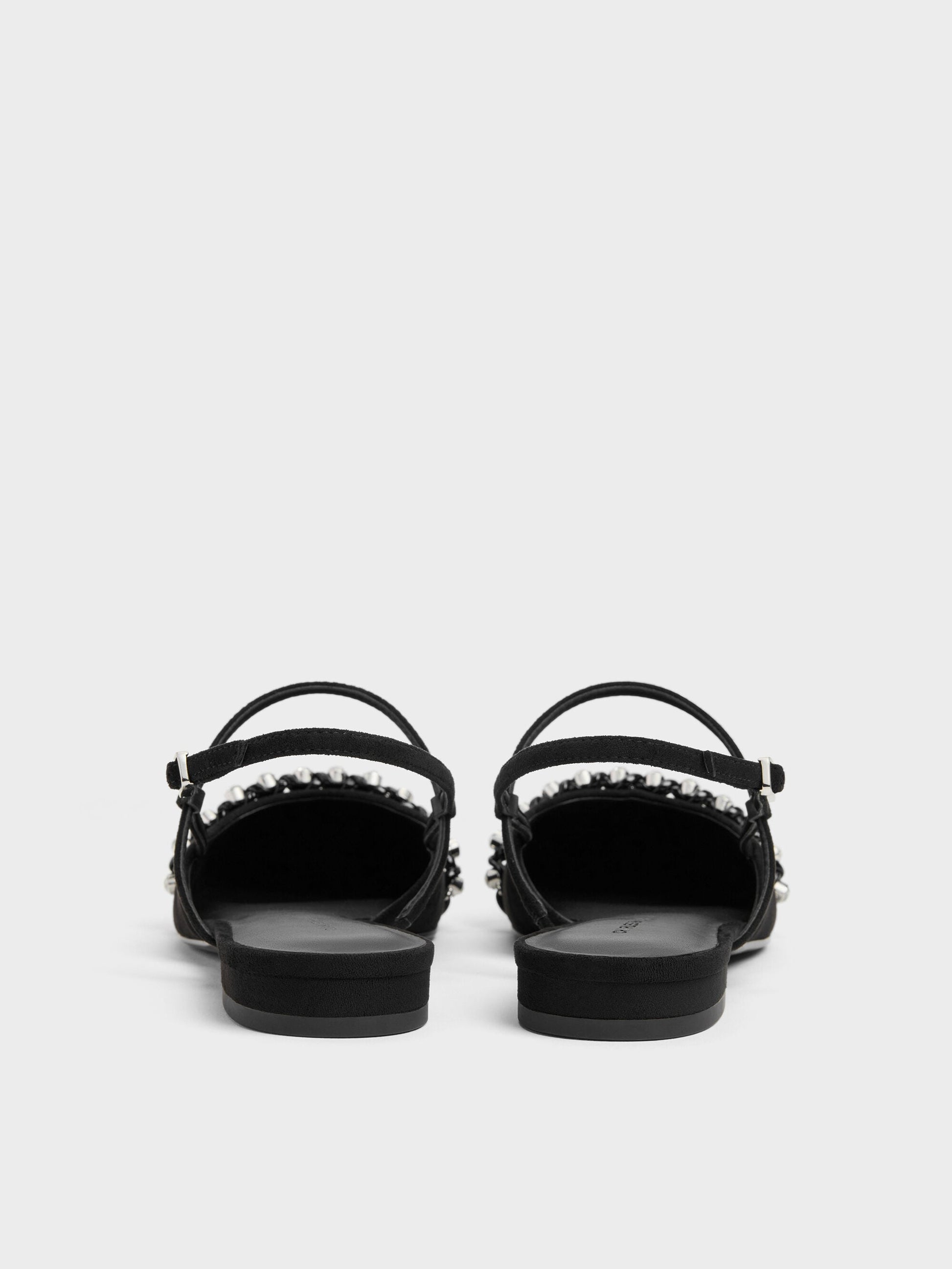 Faux Suede Crystal Slingback Flats - Black Textured | CHARLES & KEITH