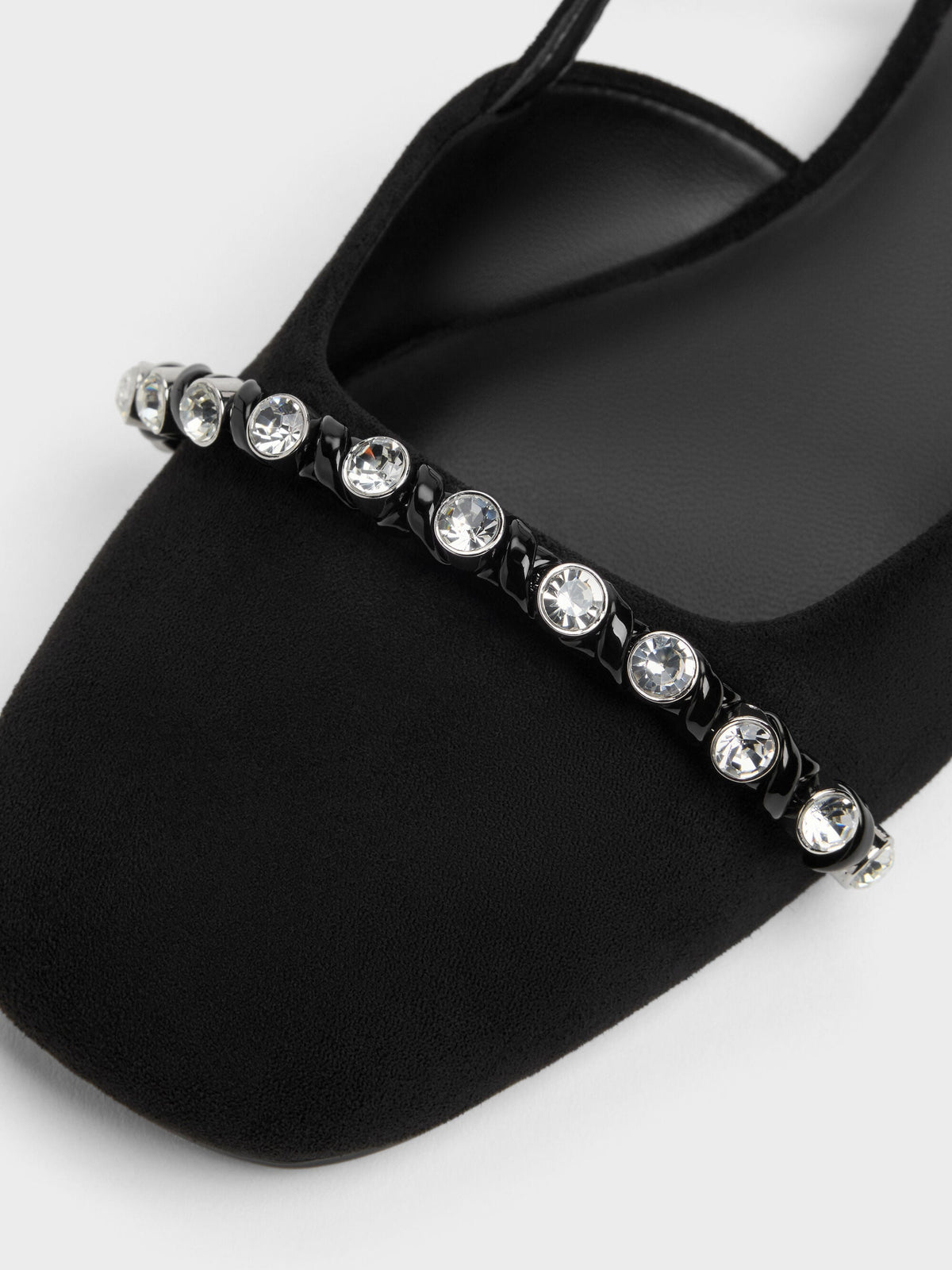 Faux Suede Crystal Slingback Flats - Black Textured | CHARLES & KEITH