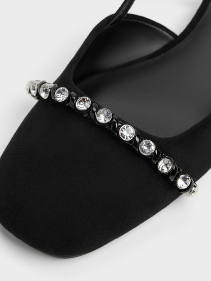 Faux Suede Crystal Slingback Flats - Black Textured | CHARLES & KEITH