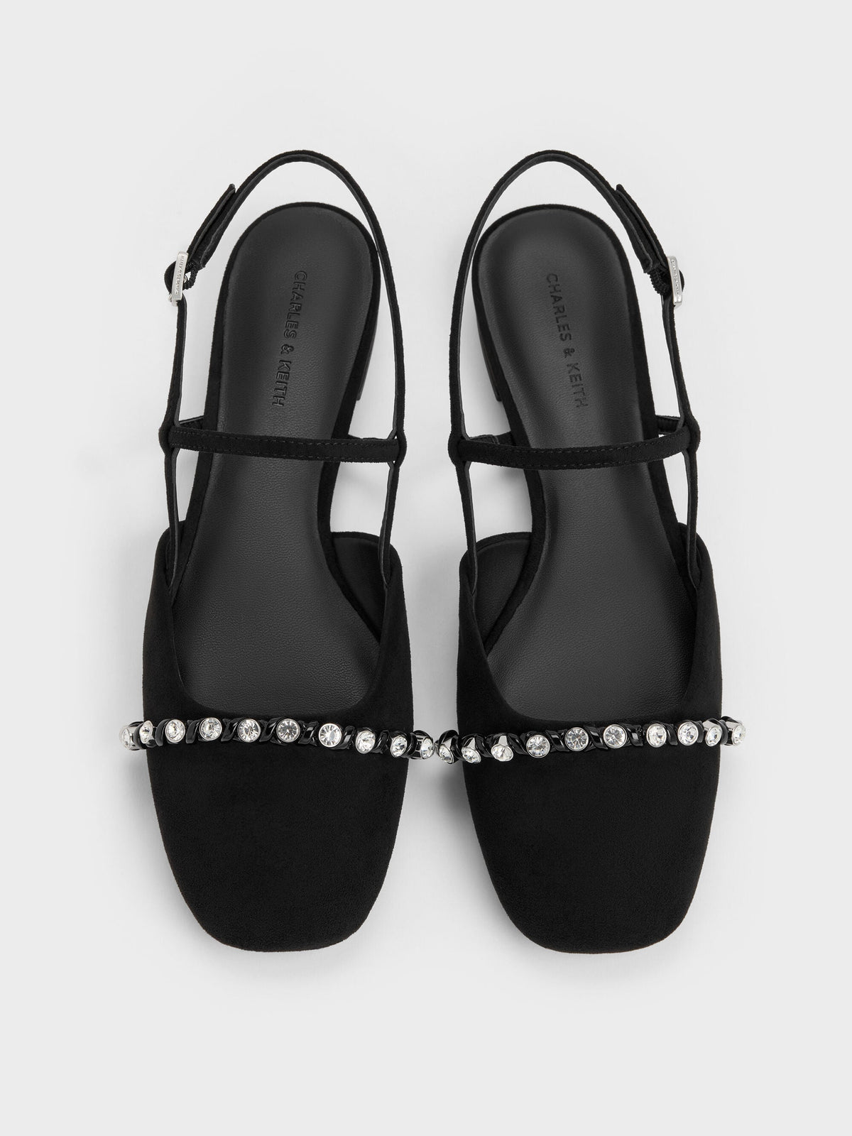 Faux Suede Crystal Slingback Flats - Black Textured | CHARLES & KEITH