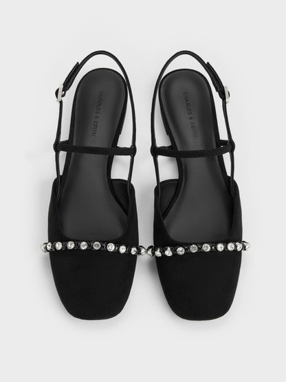 Faux Suede Crystal Slingback Flats - Black Textured | CHARLES & KEITH