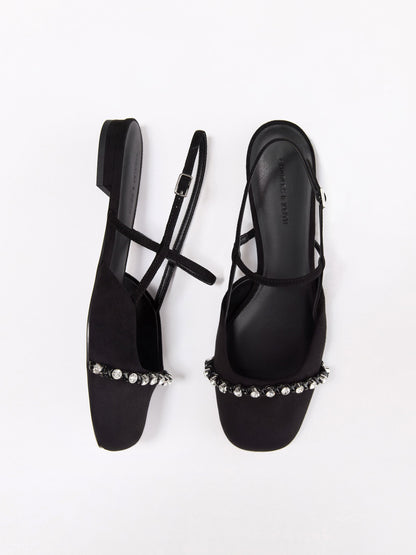 Faux Suede Crystal Slingback Flats - Black Textured | CHARLES & KEITH