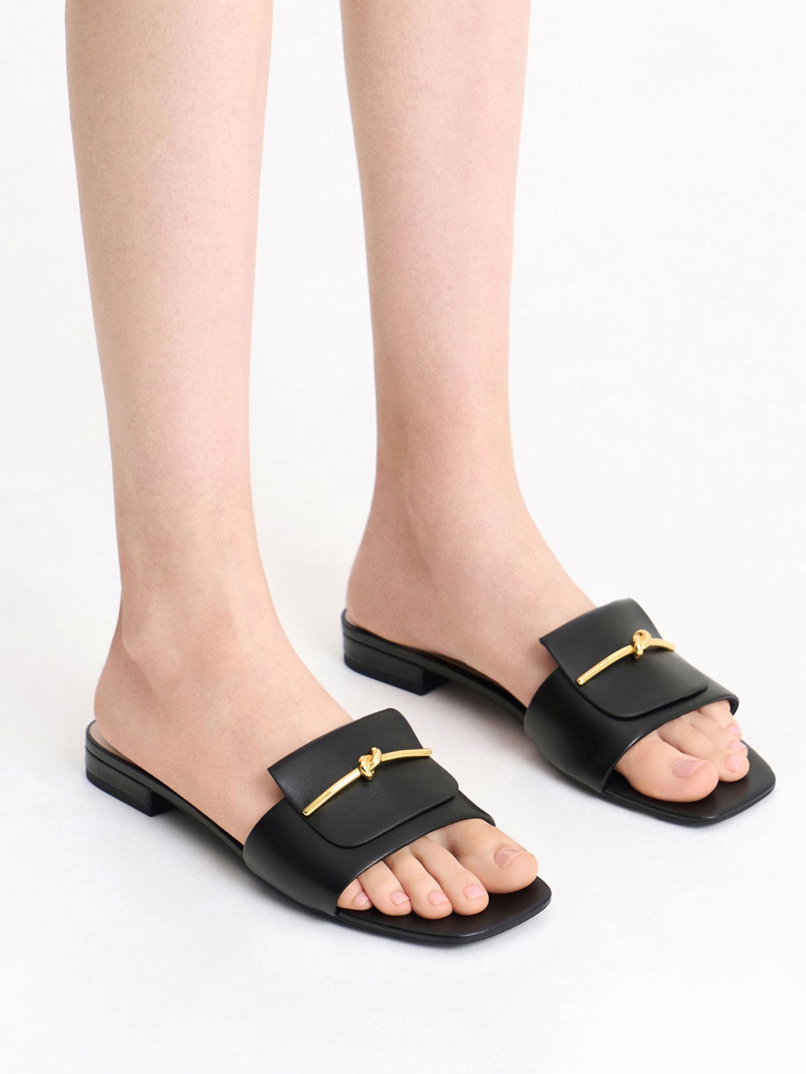 Knotted Accent Slide Sandals - Black | CHARLES & KEITH
