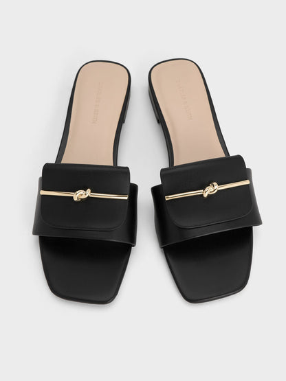 Knotted Accent Slide Sandals - Black | CHARLES & KEITH