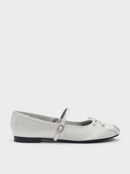 Emiko Satin Bow Mary Jane Flats - Silver | CHARLES & KEITH