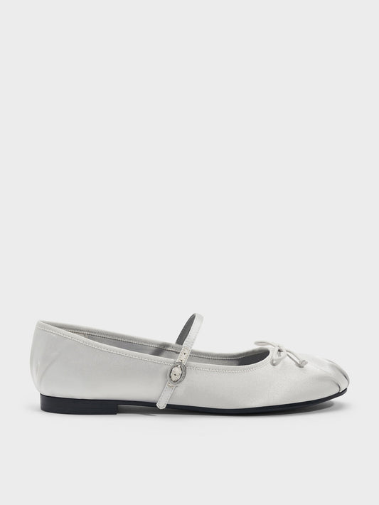 Emiko Satin Bow Mary Jane Flats - Silver | CHARLES & KEITH