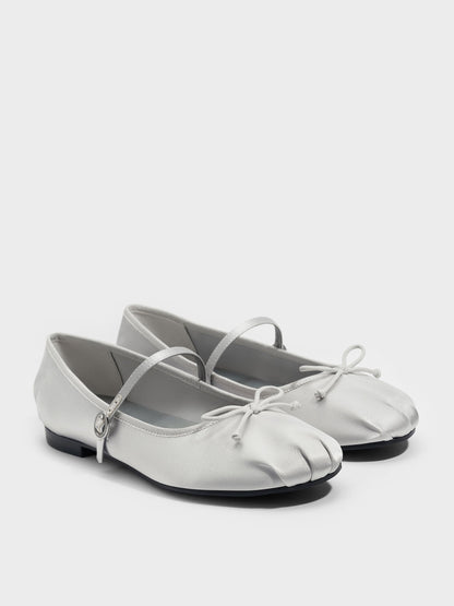 Emiko Satin Bow Mary Jane Flats - Silver | CHARLES & KEITH