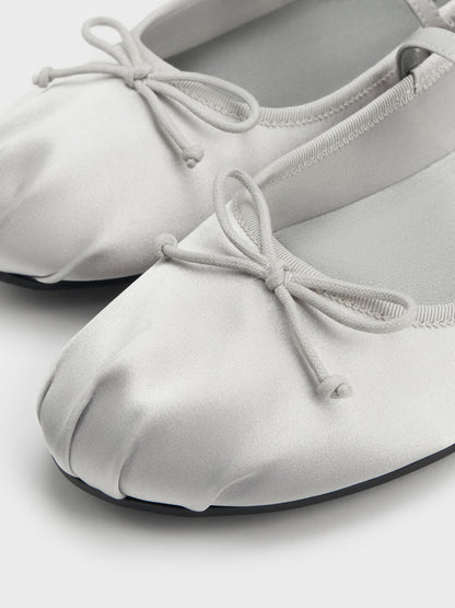Emiko Satin Bow Mary Jane Flats - Silver | CHARLES & KEITH