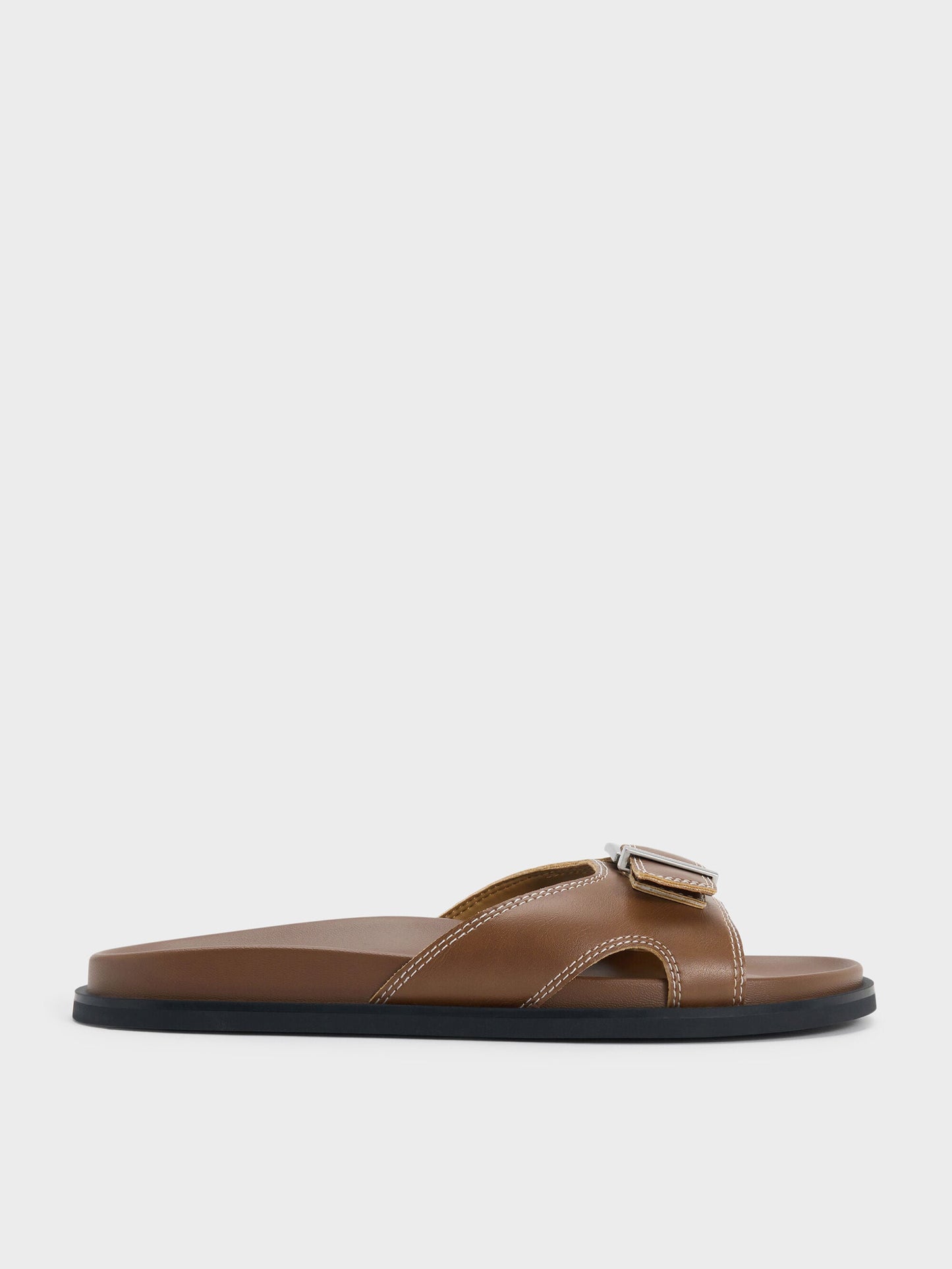 Stitch-Trim Buckled Slides - Cognac | CHARLES & KEITH