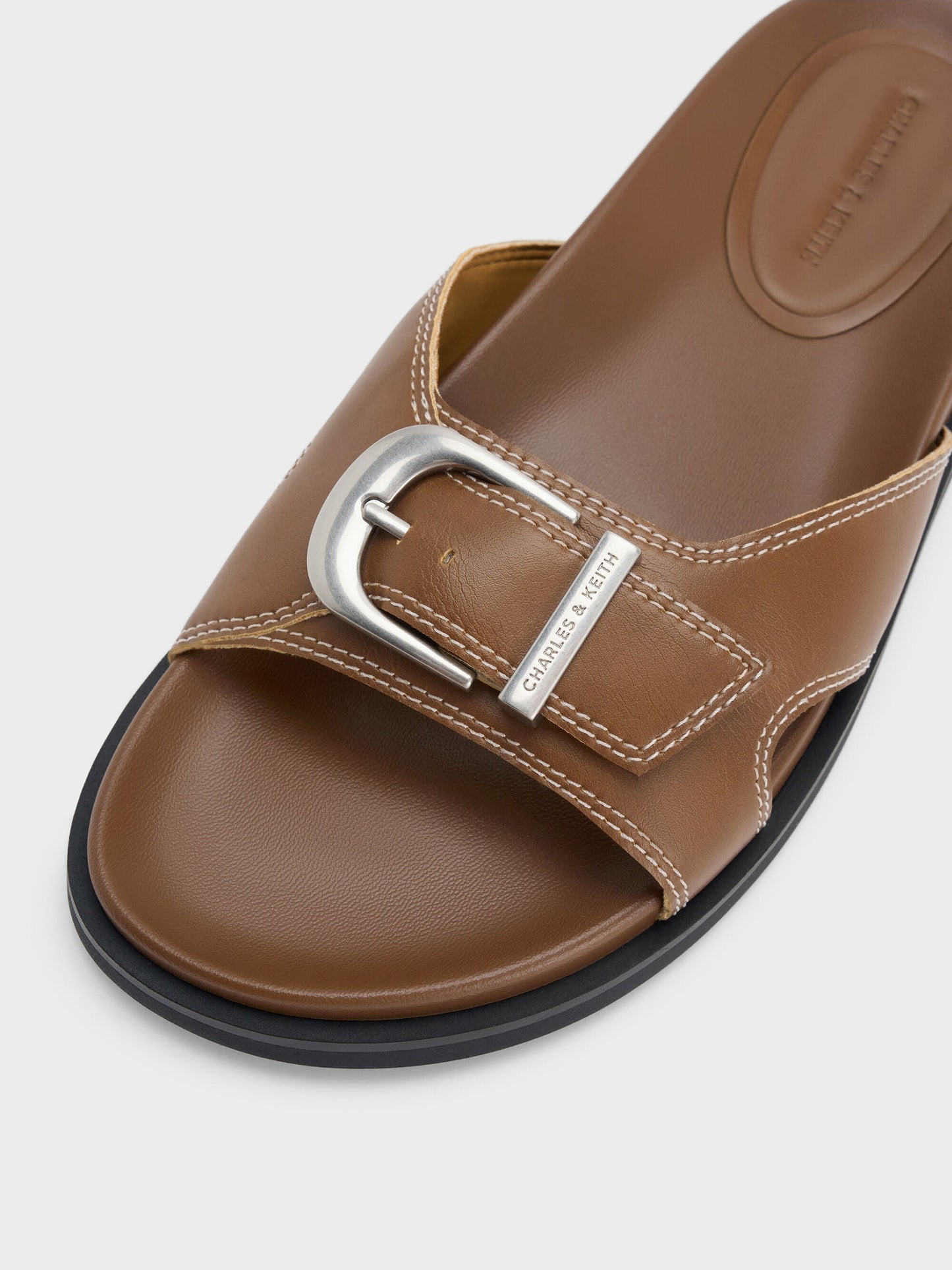 Stitch-Trim Buckled Slides - Cognac | CHARLES & KEITH