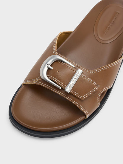 Stitch-Trim Buckled Slides - Cognac | CHARLES & KEITH