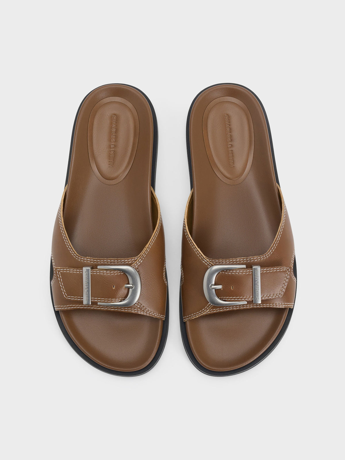 Stitch-Trim Buckled Slides - Cognac | CHARLES & KEITH