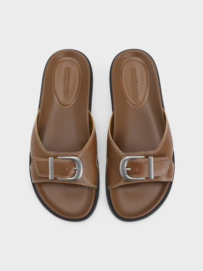 Stitch-Trim Buckled Slides - Cognac | CHARLES & KEITH