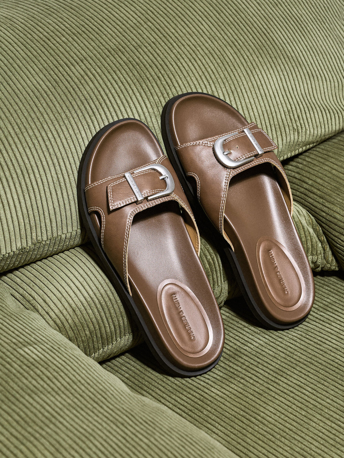 Stitch-Trim Buckled Slides - Cognac | CHARLES & KEITH