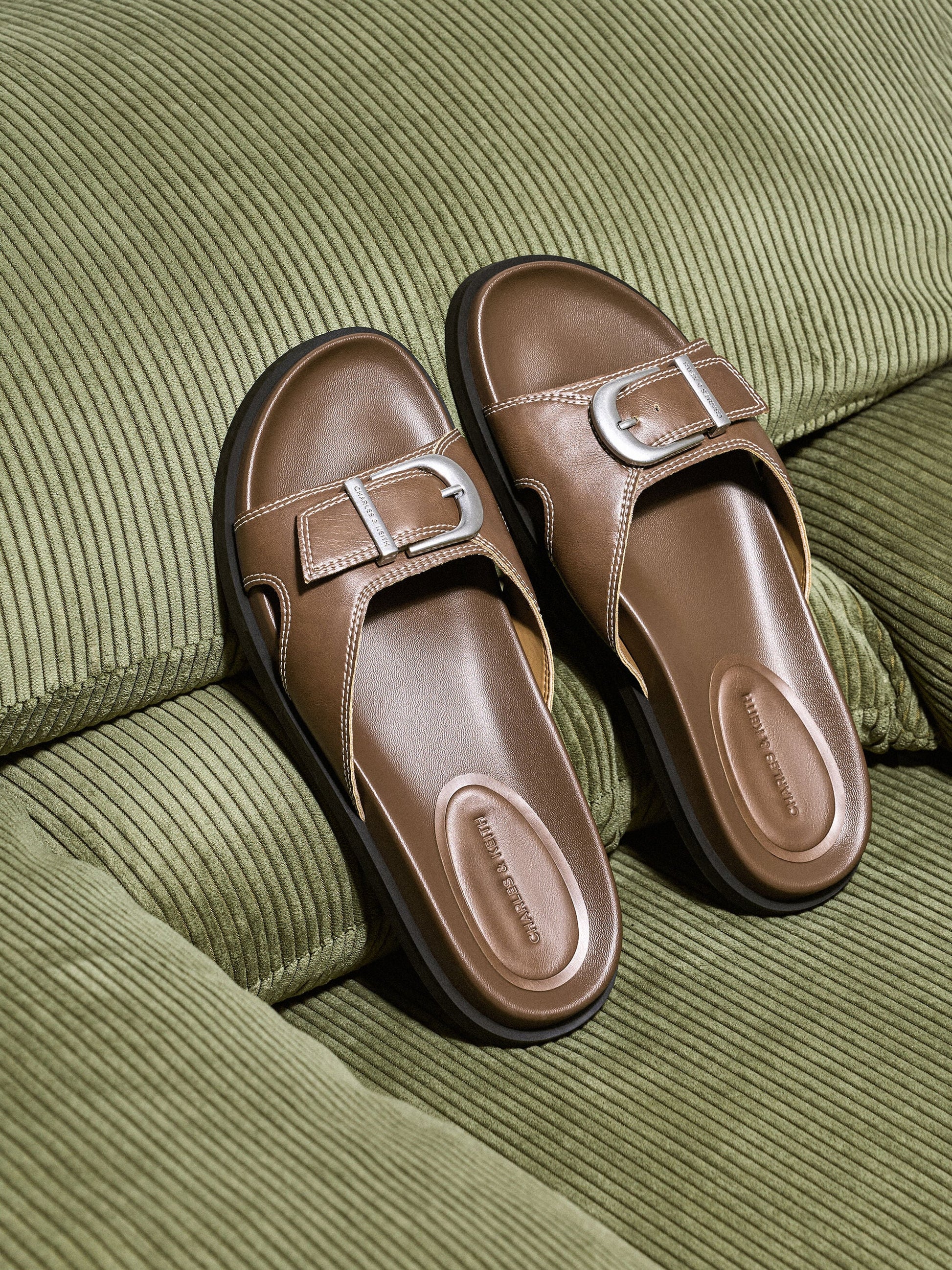 Stitch-Trim Buckled Slides - Cognac | CHARLES & KEITH