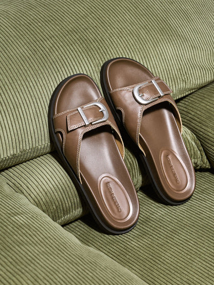 Stitch-Trim Buckled Slides - Cognac | CHARLES & KEITH